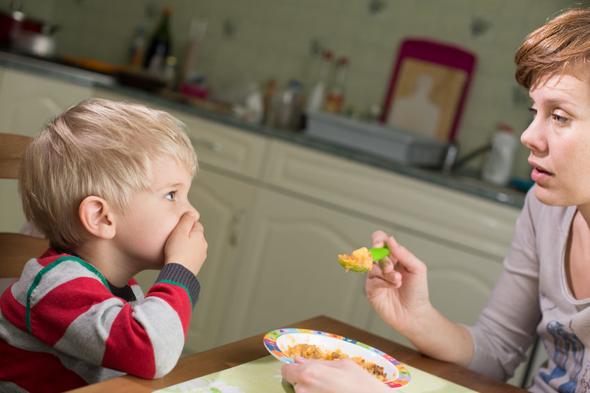 A woman trying to feed her son but he is a picky eater.