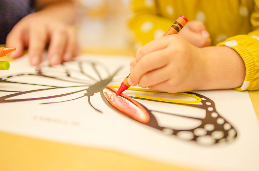 A girl coloring in a butterfly.